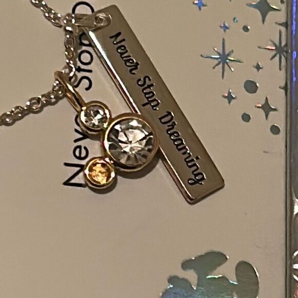 Disney Never Stop Dreaming Two Tone Clear Crystal Charm Necklace Silver Plated - Picture 9 of 9